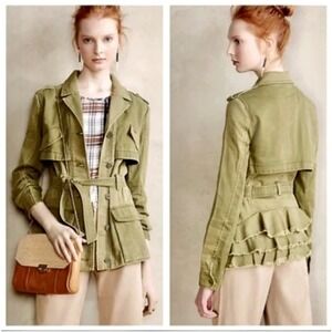 Sz S- Anthropologie Hei Hei Military Style Jacket Utility Belted Ruffle‎ Women's
